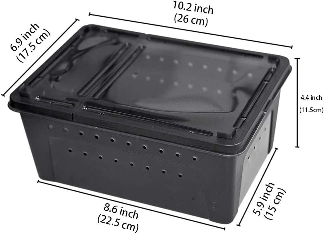 Black plastic container with dimensions labeled on a white background
