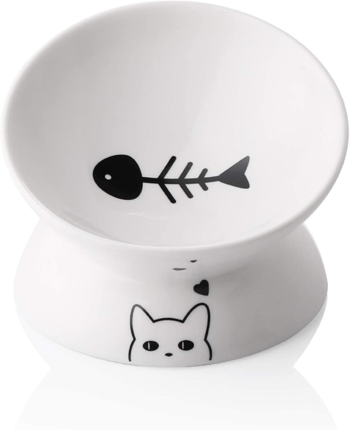 White ceramic dish with black fish bone and cat face design on a white background
