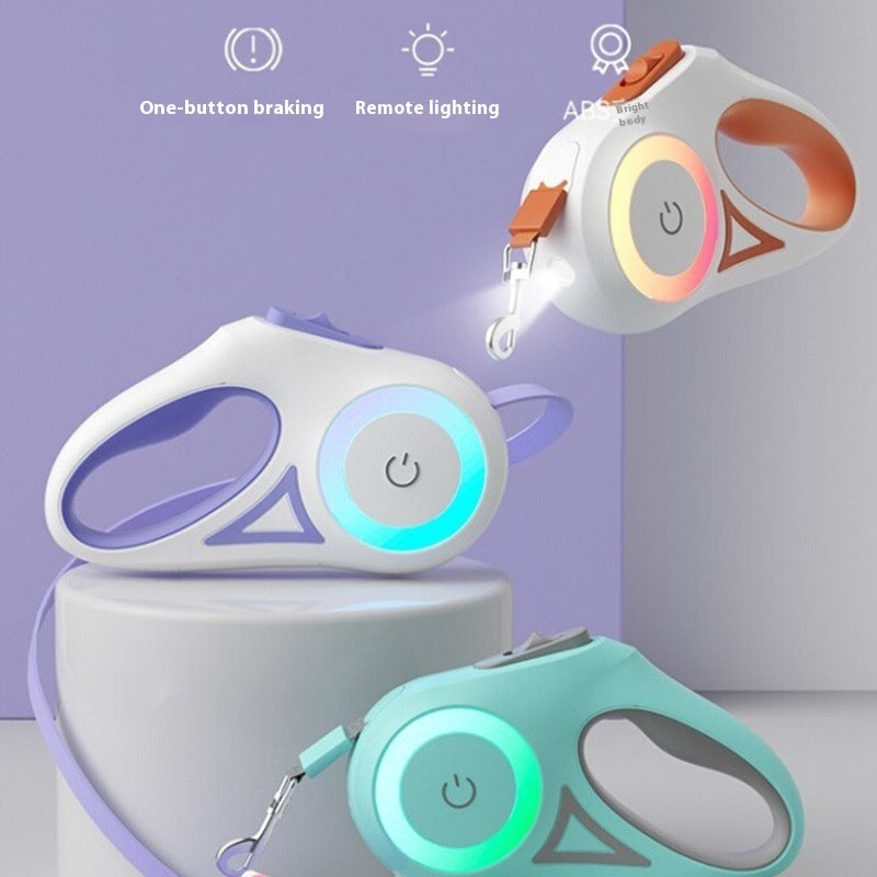 Three colorful dog leashes with LED lights on a light purple background