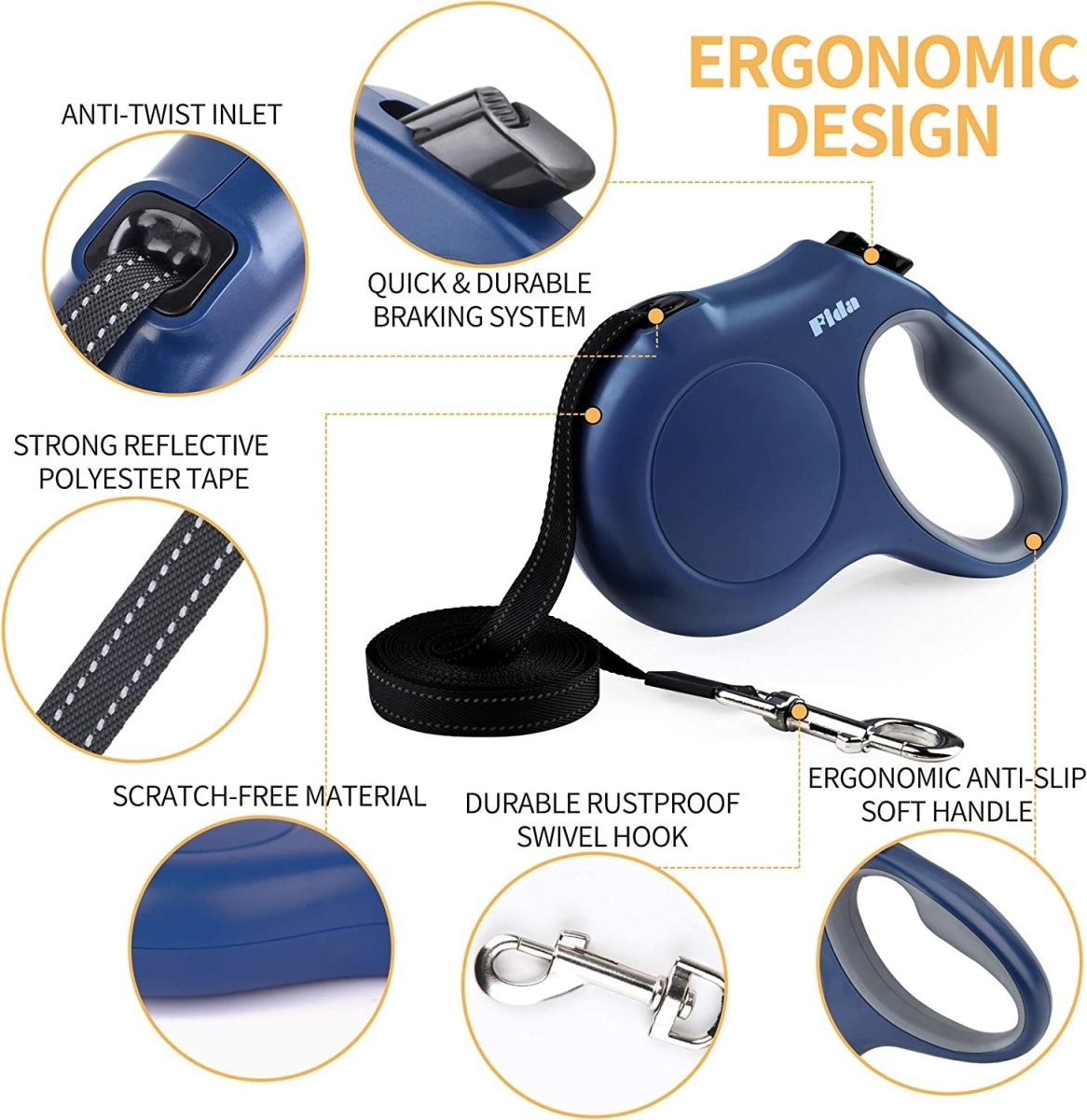 16 ft Retractable Dog Leash with Poop Bag Dispenser – Reflective Tape, Anti-Slip Handle & 360° Tangle-Free | Up to 110 lbs | Navy Blue MJ's Pet Closet