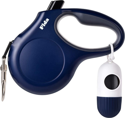 Blue retractable dog leash with white handle on a white background