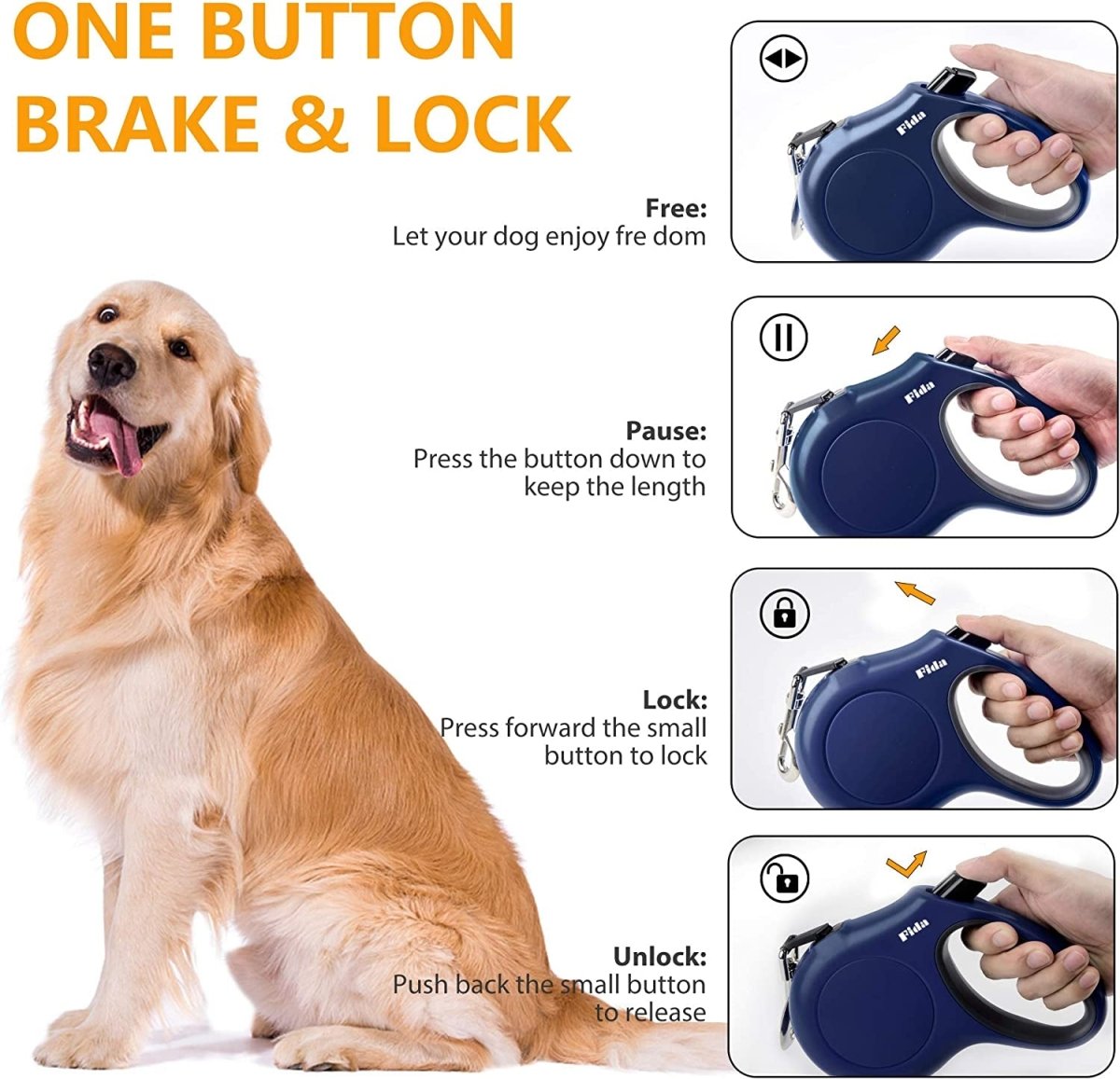 16 ft Retractable Dog Leash with Poop Bag Dispenser – Reflective Tape, Anti-Slip Handle & 360° Tangle-Free | Up to 110 lbs | Navy Blue MJ's Pet Closet
