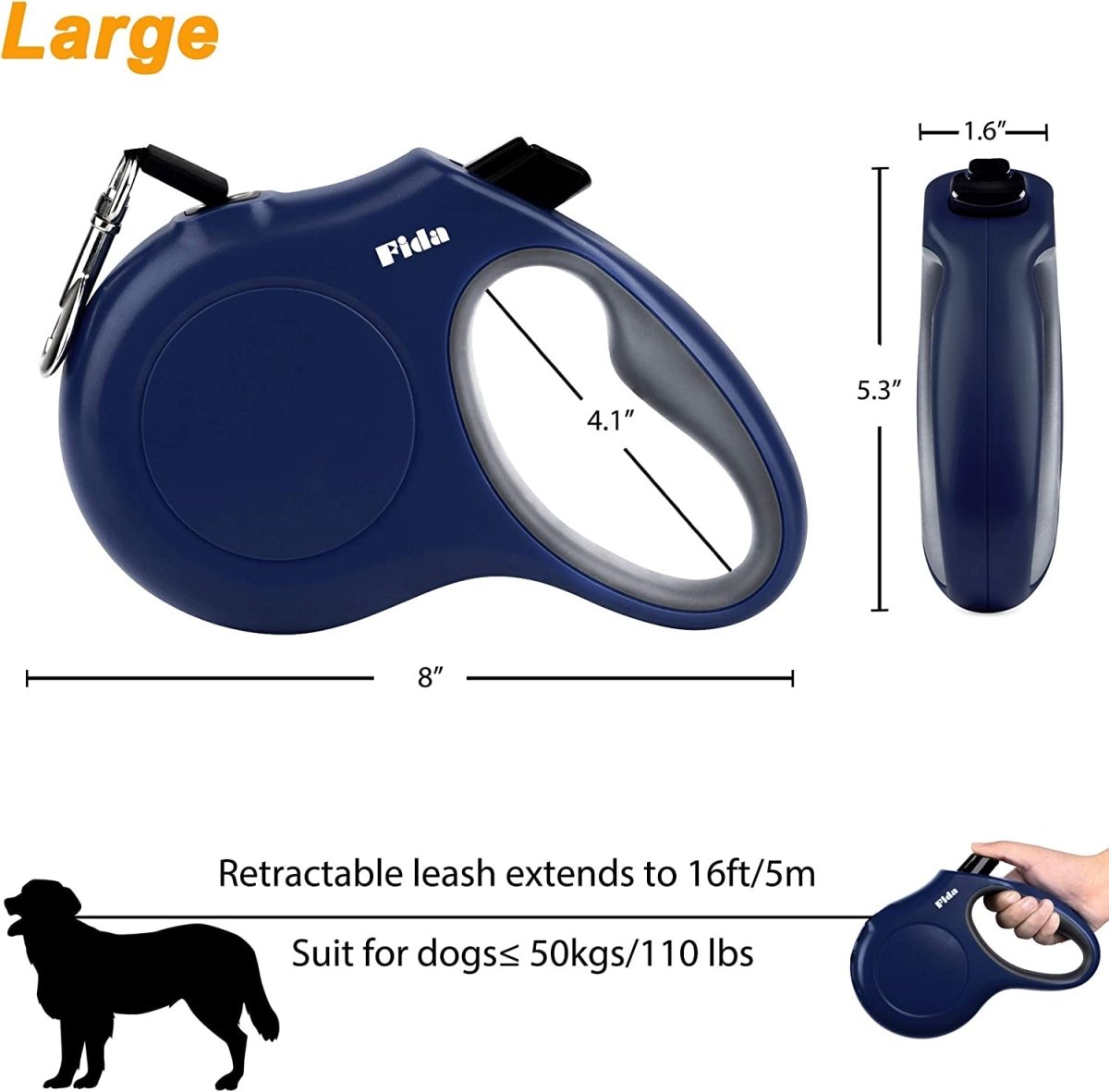 16 ft Retractable Dog Leash with Poop Bag Dispenser – Reflective Tape, Anti-Slip Handle & 360° Tangle-Free | Up to 110 lbs | Navy Blue MJ's Pet Closet