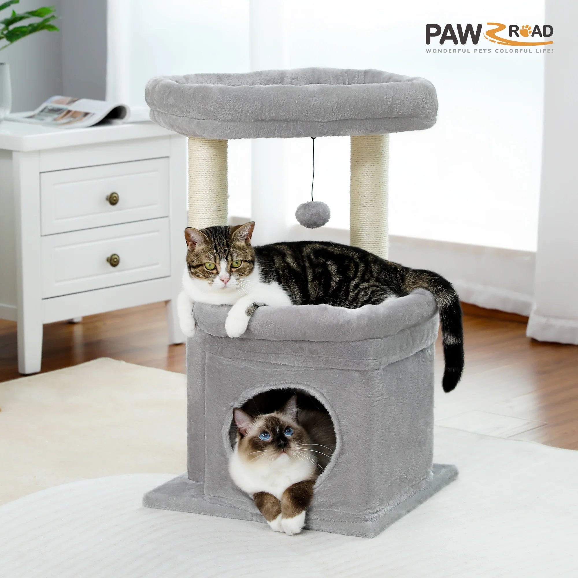 PAWZ Road Cozy Gray Cat Tree Condo – 27" Multi-Level Tower for Kittens & Medium Cats MJ's Pet Closet