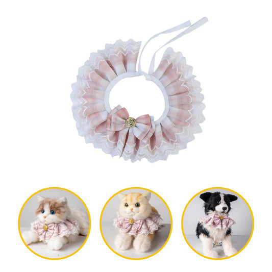Pet collar with ruffles and a bow, shown on a white background with insets of cats and a dog wearing it.