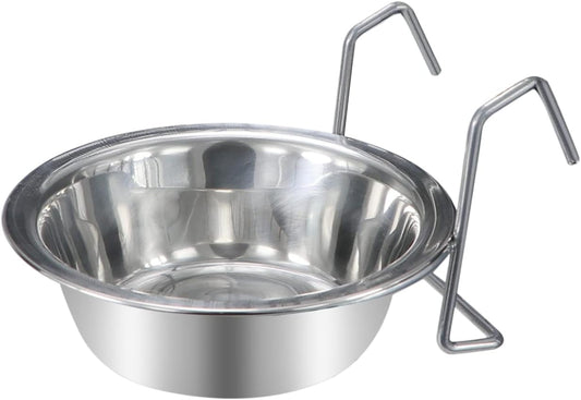 Stainless steel hanging pet bowl on a white background