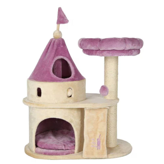 Cat tree with purple and beige colors on a white background