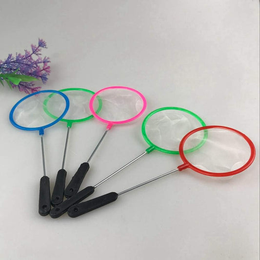 Five colorful butterfly nets on a white background with a small plant.