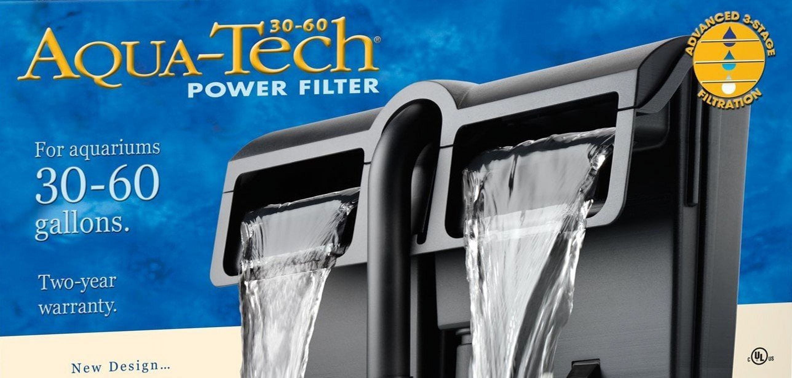 Aqua-Tech power filter for aquariums with water flowing out, against a blue background.