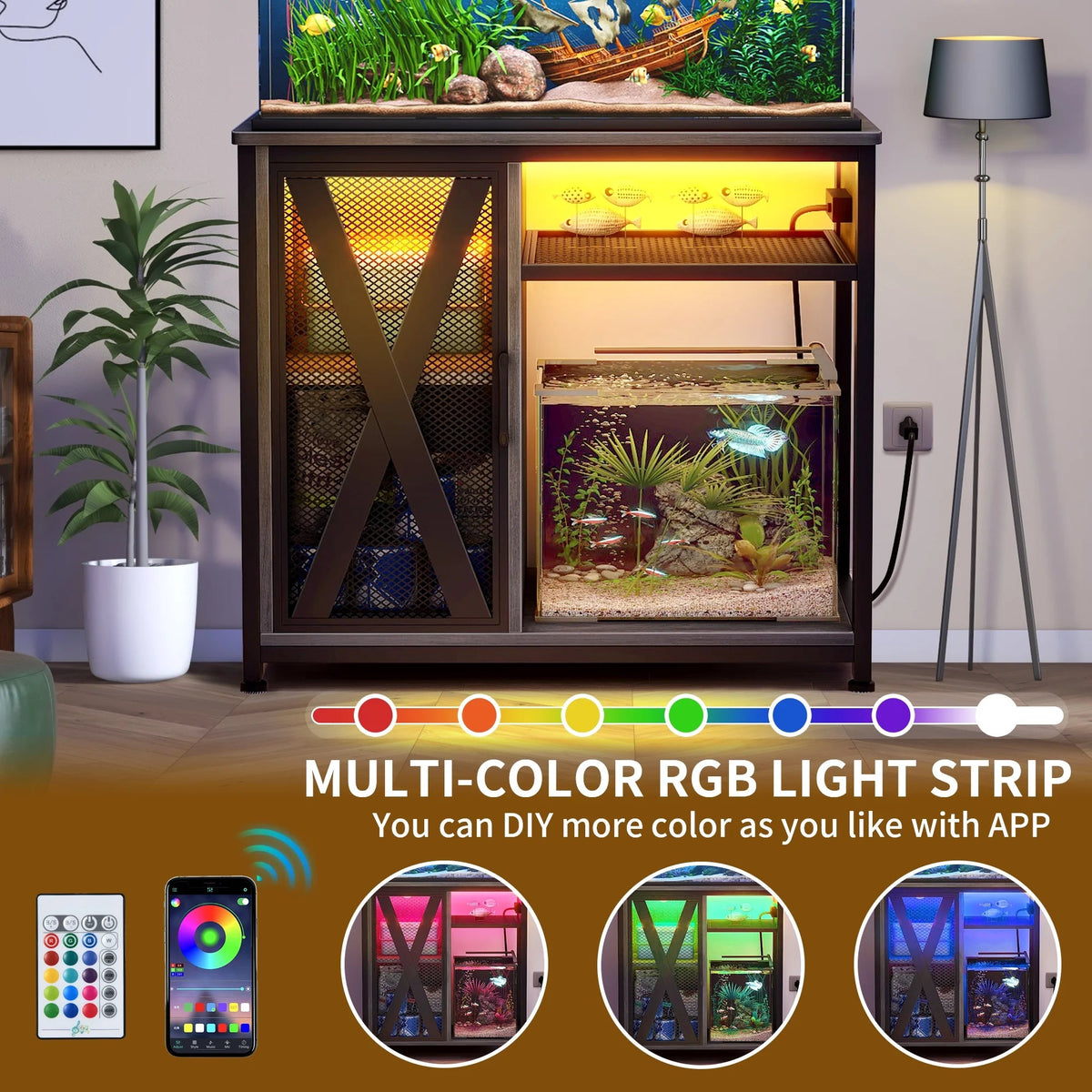 40–50 Gallon Aquarium Stand with Power Outlets, LED Lights & Storage Cabinet MJ's Pet Closet