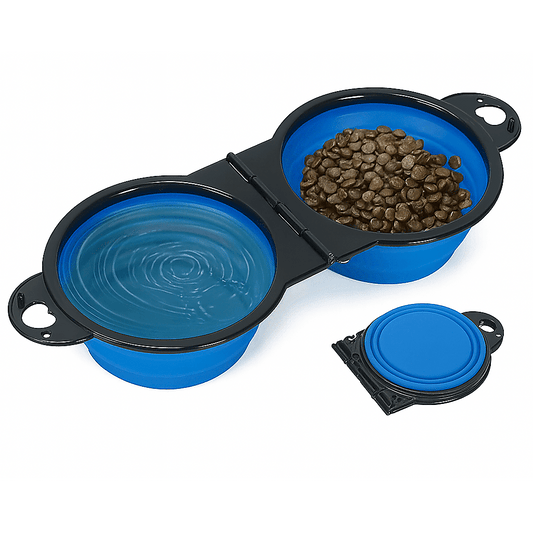 Collapsible pet water and food bowl with blue silicone lids on a white background