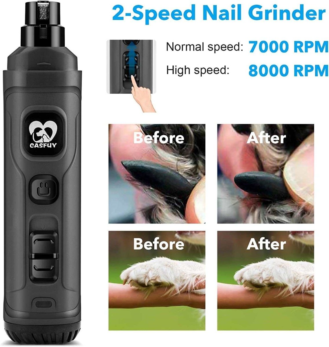 Dog Nail Grinder with 2 LED Lights – 7000–8000 RPM Electric Nail Trimmer for Small, Medium & Large Dogs MJ's Pet Closet