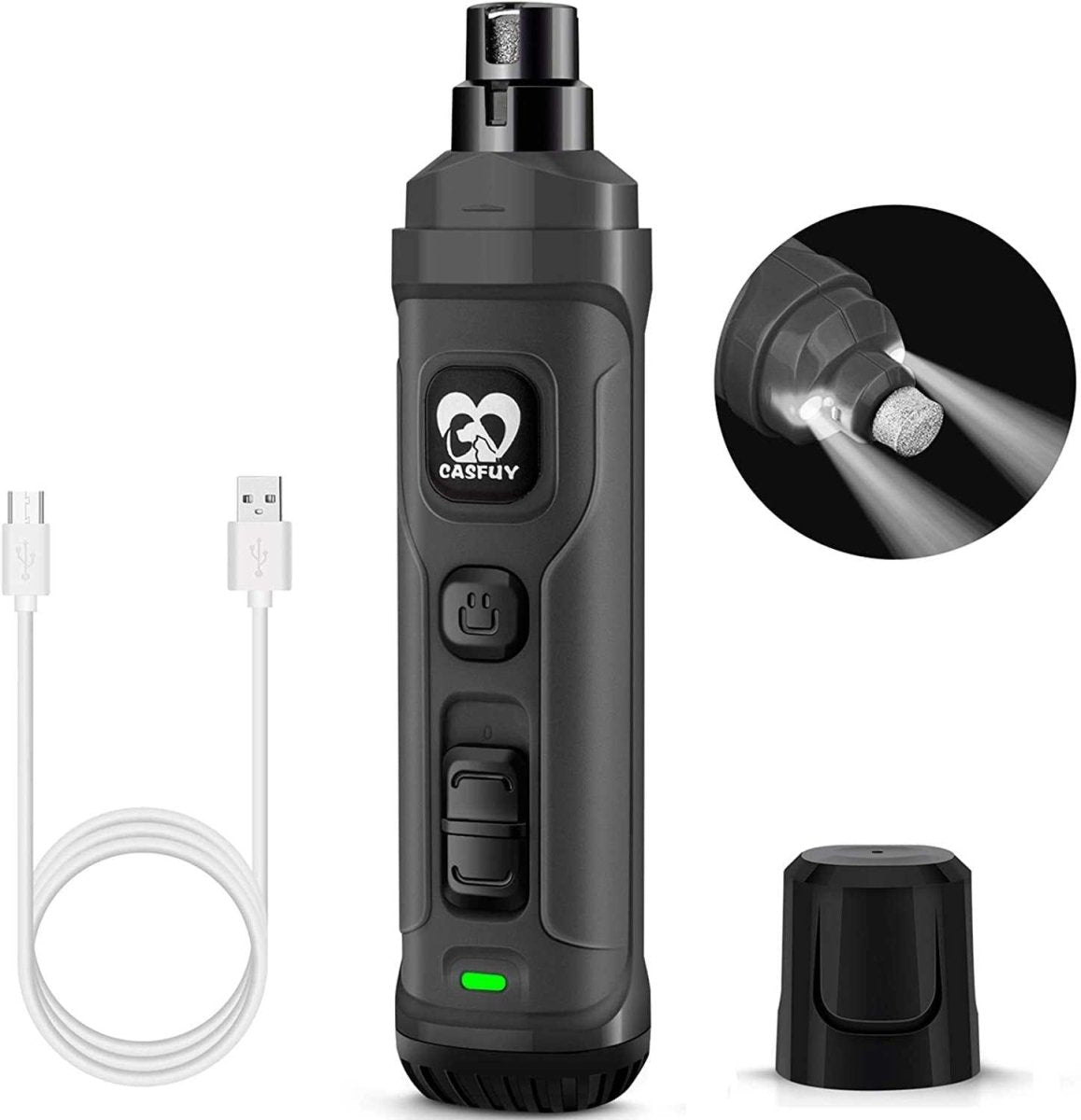 Black pet grooming tool with USB cable and close-up of light on a white background
