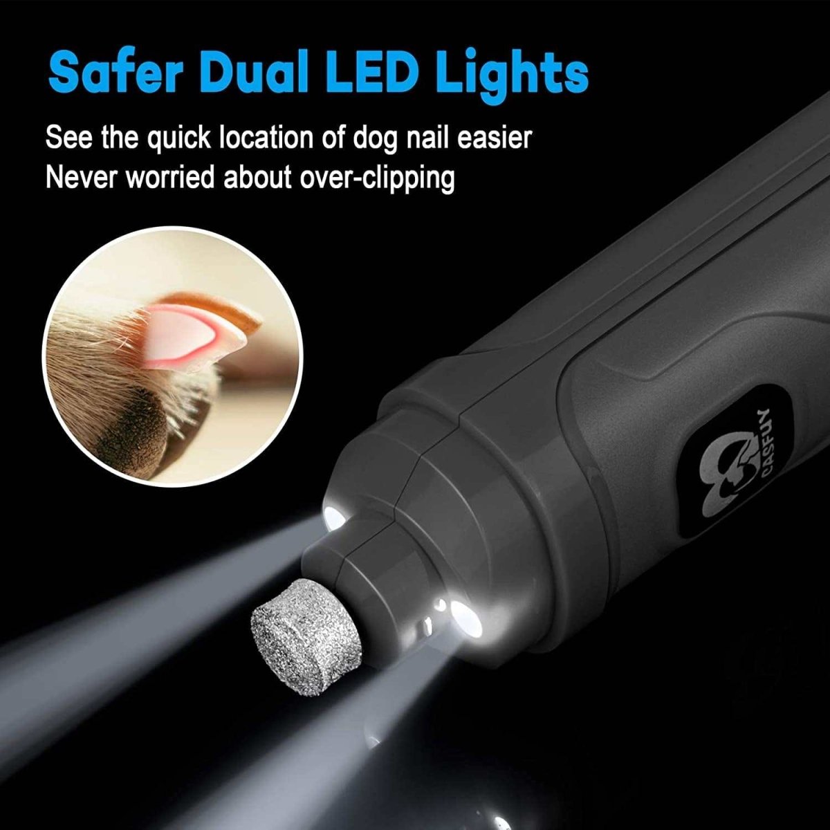 Pet nail trimmer with dual LED lights on a black background
