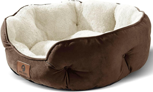 Brown pet bed with plush interior on a white background
