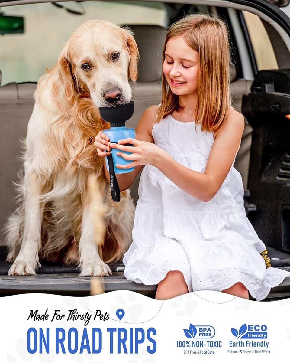 Portable Pet Water Bottle for Dogs – 18 oz Leak-Proof Travel Dog Water Bottle with Drinking Trough | Blue MJ's Pet Closet