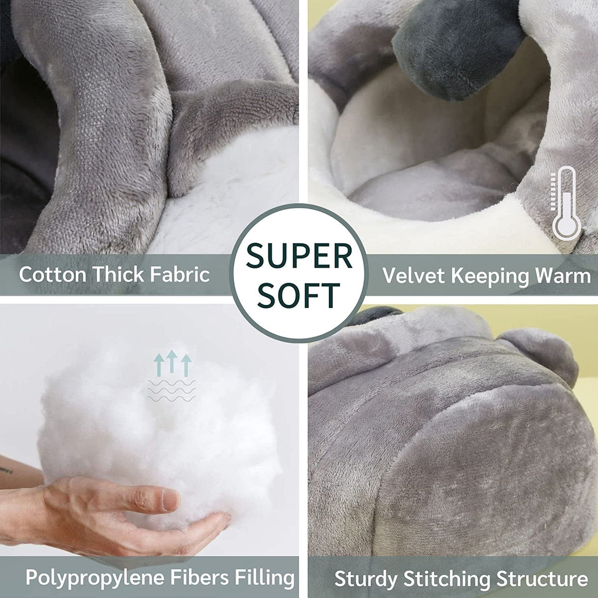 Gray plush pillow with text highlighting features like 'Super Soft', 'Velvet Keeping Warm', 'Cotton Thick Fabric', 'Polypropylene Fibers Filling', and 'Sturdy Stitching Structure'.
