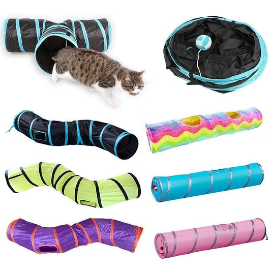 Colorful cat play tunnels with a cat interacting with one of them on a white background.