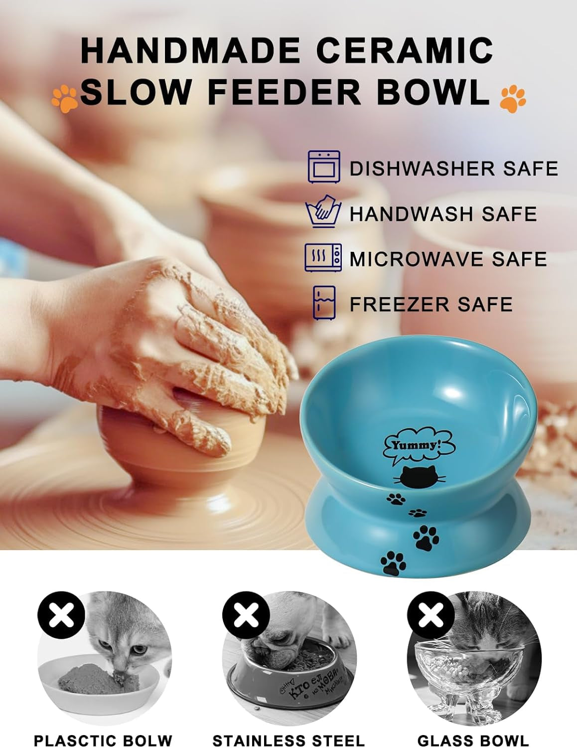 YHY Elevated Ceramic Cat Bowl – Tilted Raised Cat Food Dish for Anti-Vomiting & Neck Relief | Lake Blue MJ's Pet Closet