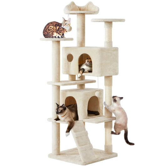 Beige 70-inch multi-level cat tree with two condos and scratching posts