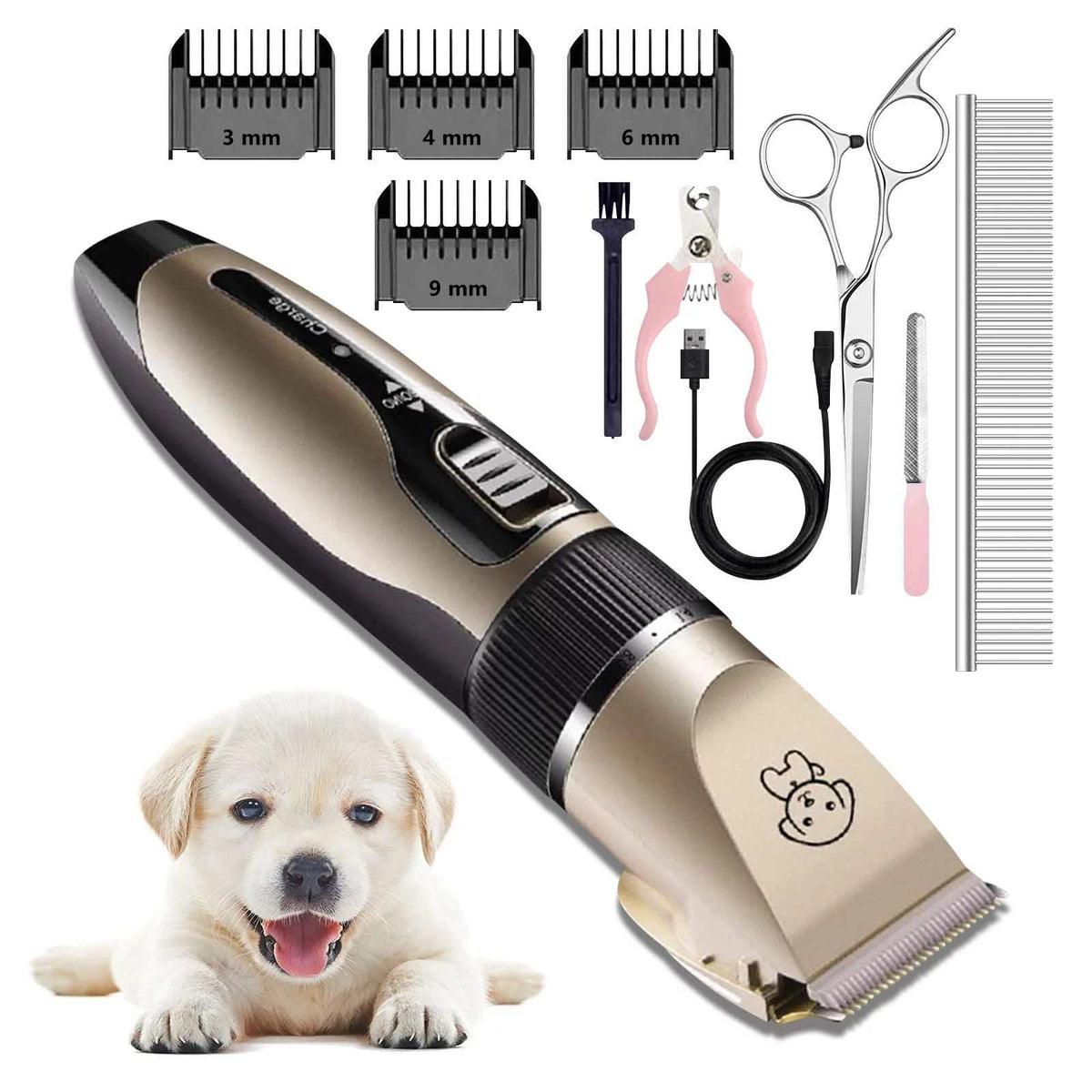Pet grooming kit with hair trimmer, attachments, and tools on a white background
