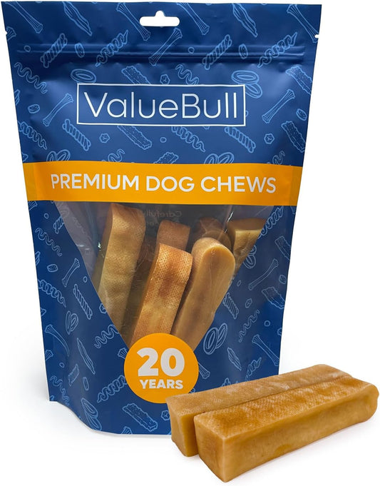 ValueBull premium dog chews packaging with two chews in front on a white background
