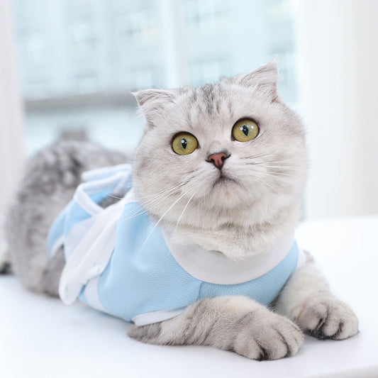 Blue and white breathable summer care suit for cats
