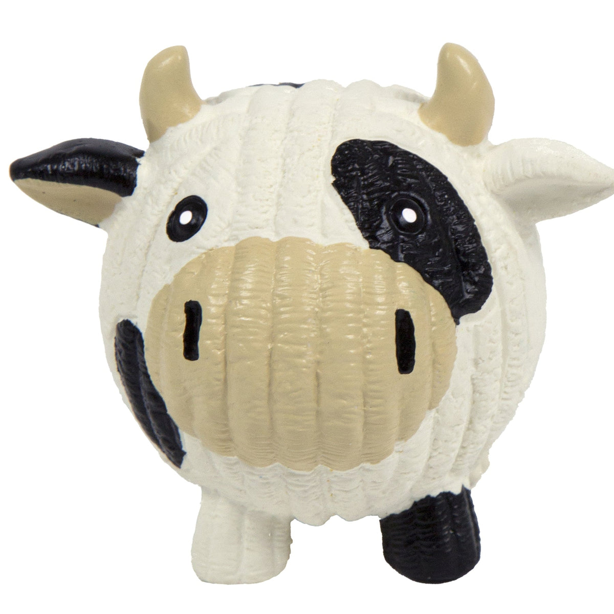 Small cow-shaped toy with black and brown markings on a white background