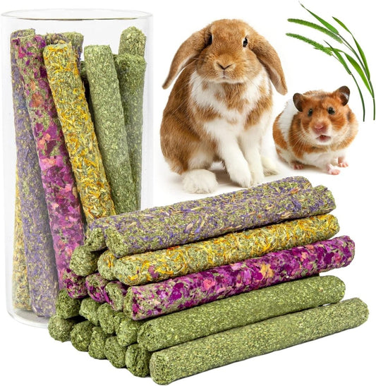 Colorful pet treats with a rabbit and hamster on a white background
