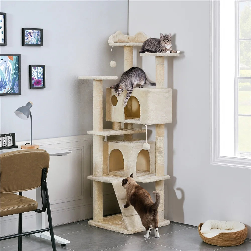 SmileMart 70" Double Condo Cat Tree – Beige, Multi-Level with Scratching Posts MJ's Pet Closet