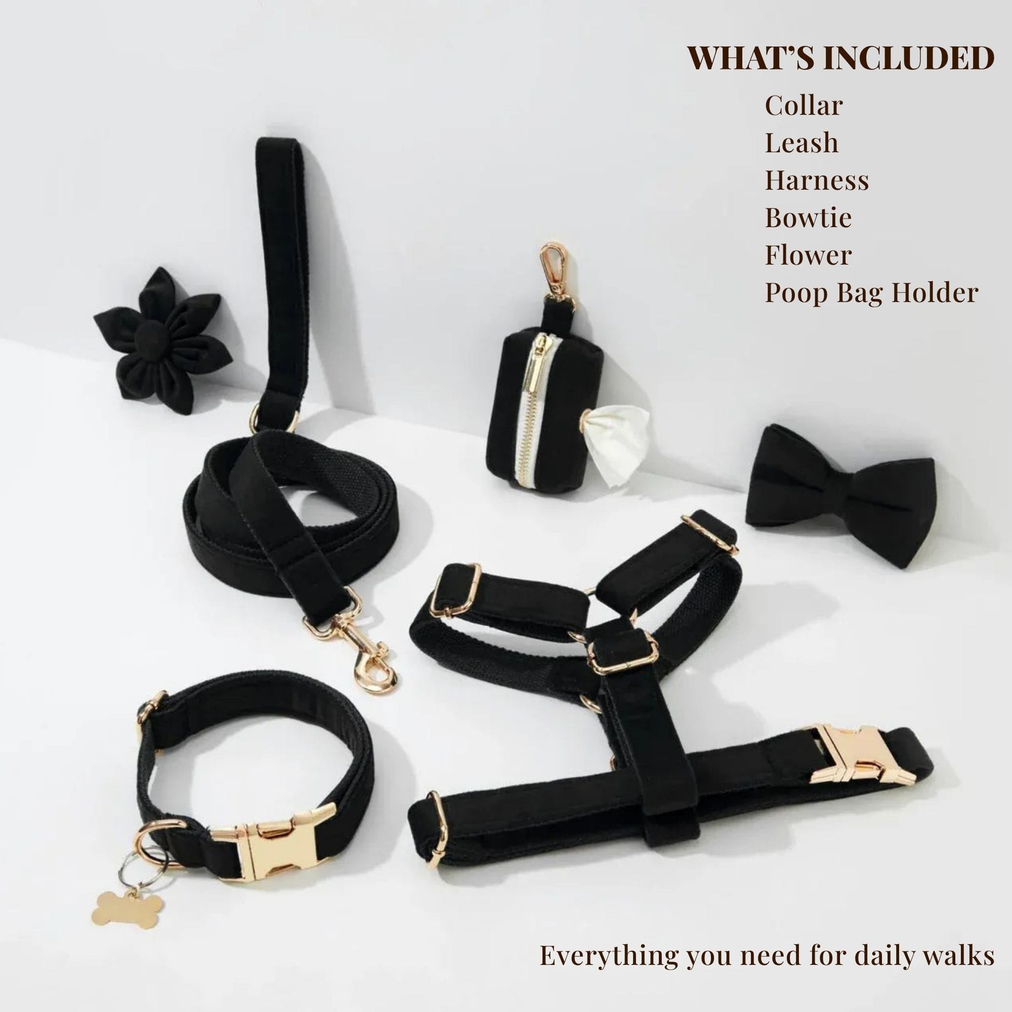 Black velvet personalized dog harness, collar, and leash set with engraved buckle