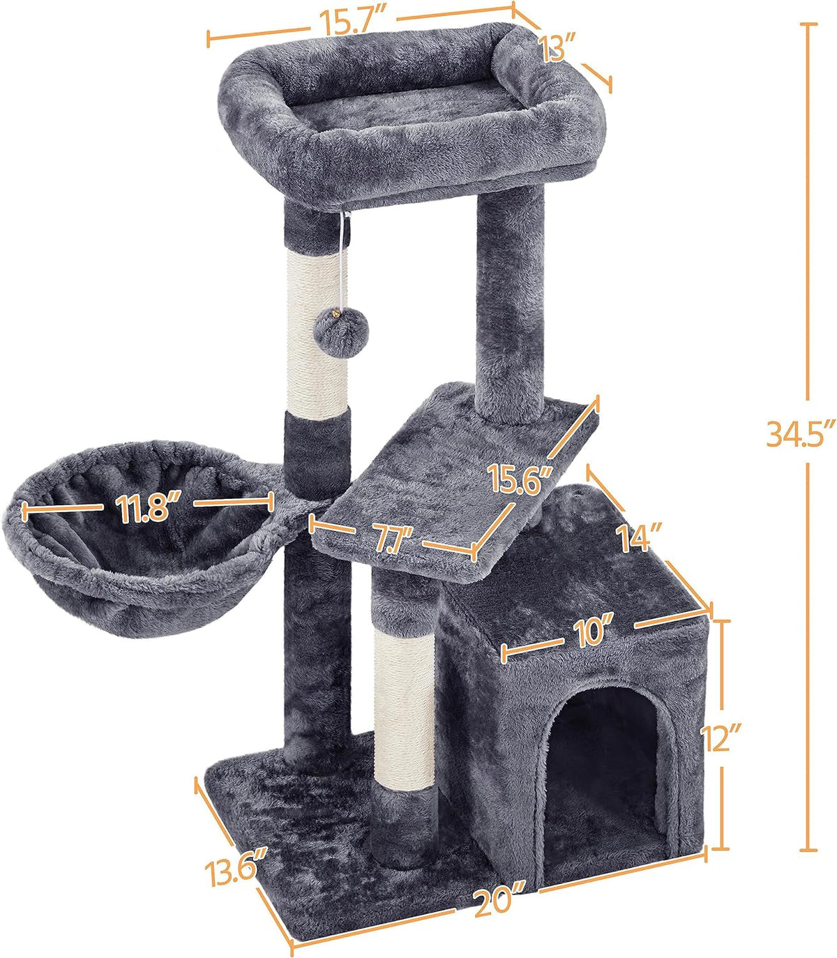 34" Multi-Level Cat Tree with Condo, Scratching Posts, Basket & Sisal Scratch Boards – Dark Gray MJ's Pet Closet
