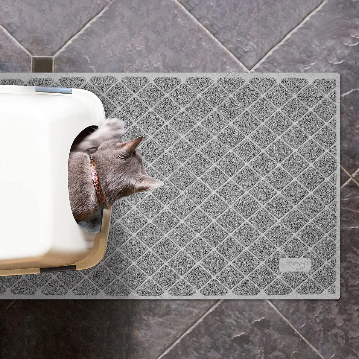 Cat peeking out from a litter box on a textured mat with a brand logo.