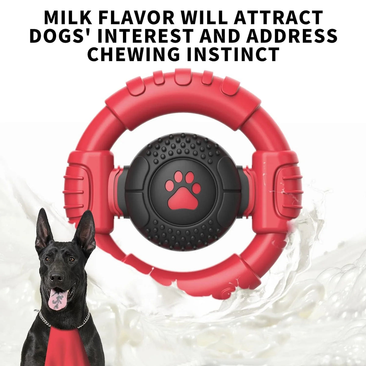 Red and black dog toy with a paw print design, accompanied by a black dog and text about milk flavor attraction.