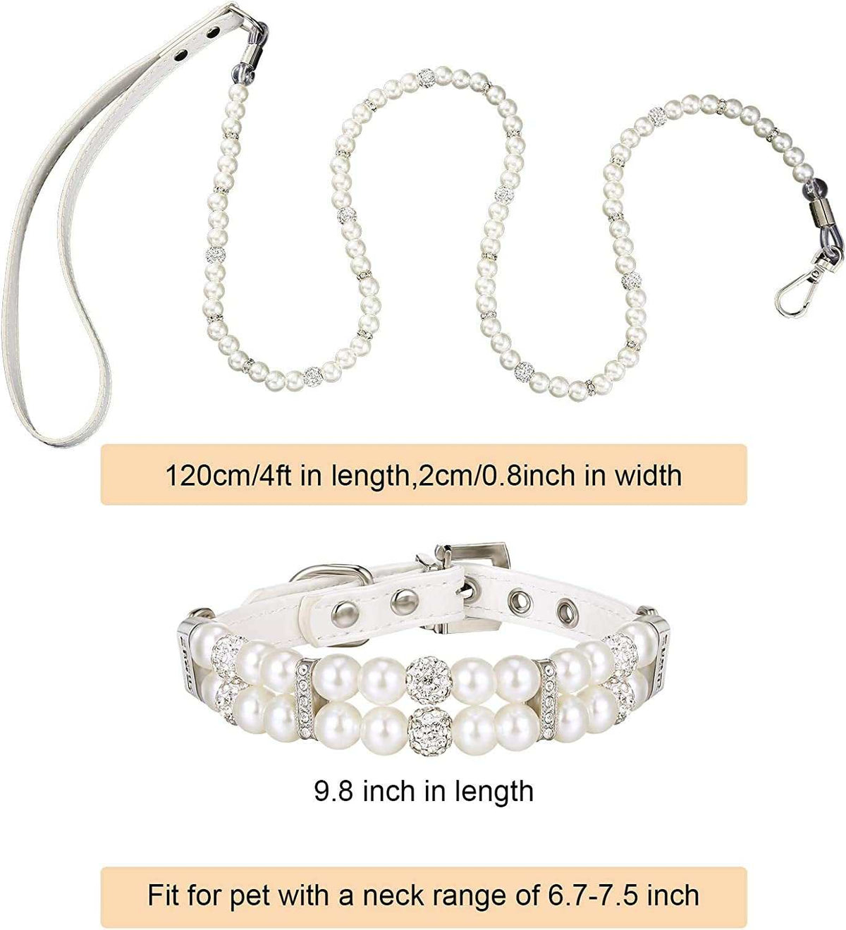 Pearl Dog Collar & Leash Set – 2-Row Pearl Necklace with PU Leather Leash for Small & Medium Dogs MJ's Pet Closet