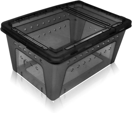 Black storage box with transparent lid on a white background
