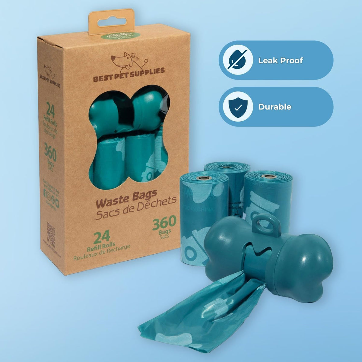 Dog Poop Bag Rolls – 360 Bags (24 Rolls x 15 Bags) Doggy Waste Bag Refill Pack | Turquoise MJ's Pet Closet
