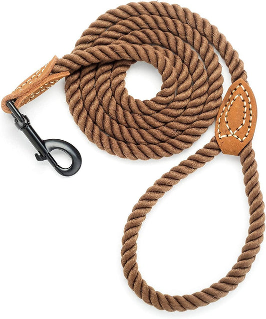 Brown rope dog leash with leather handle and metal clip on a white background