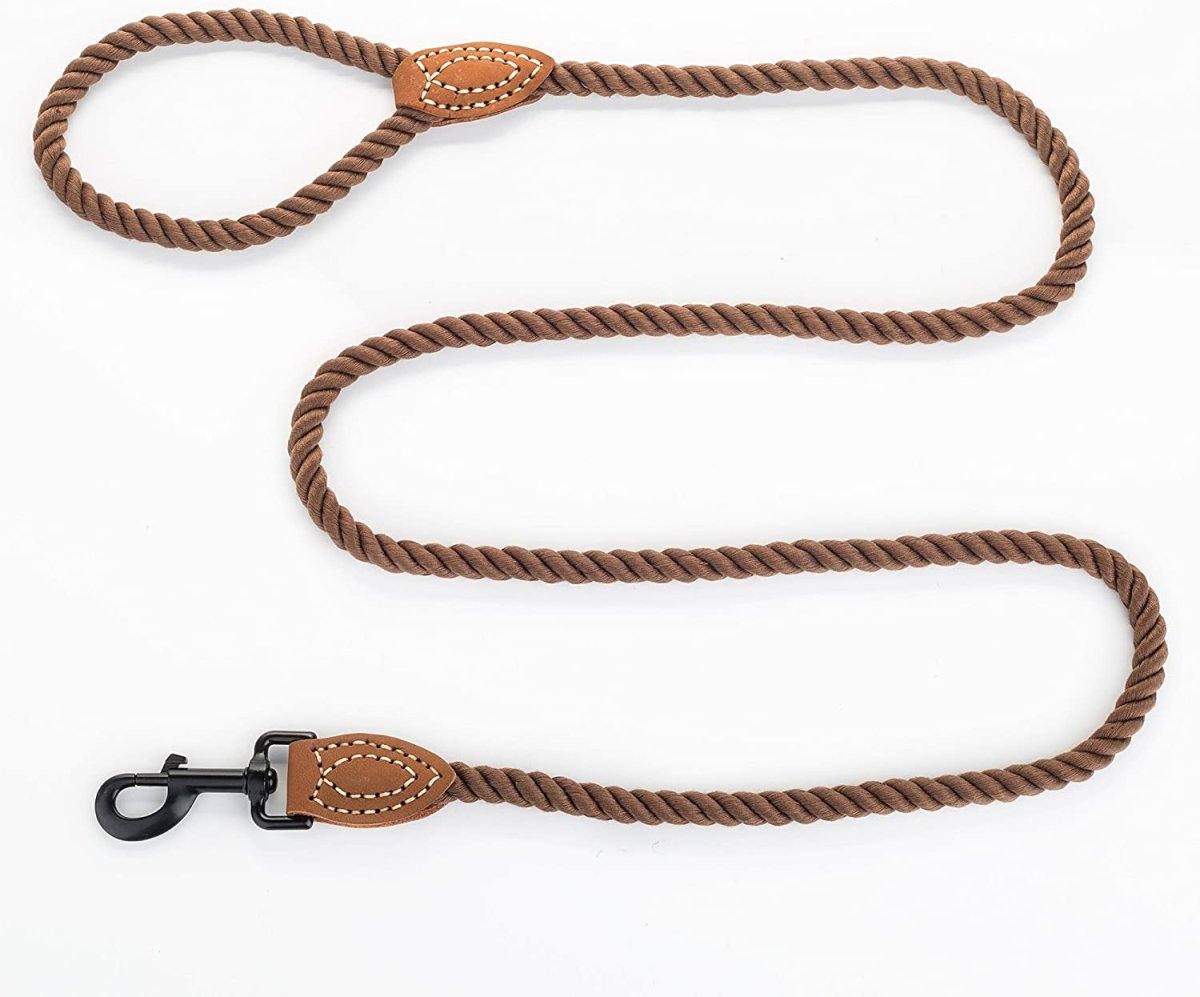Brown rope dog leash with leather ends on a white background