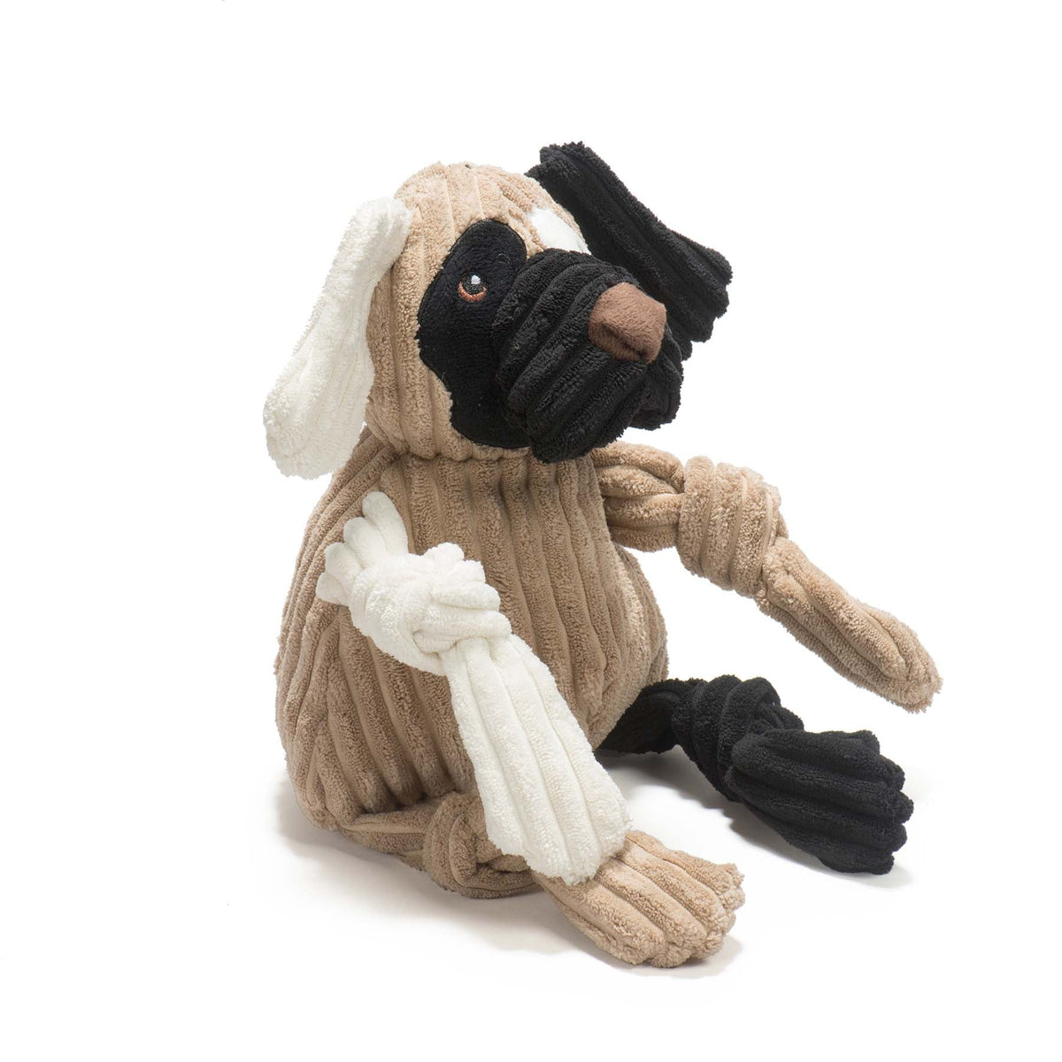Dog toy resembling a pug with a bone on a white background