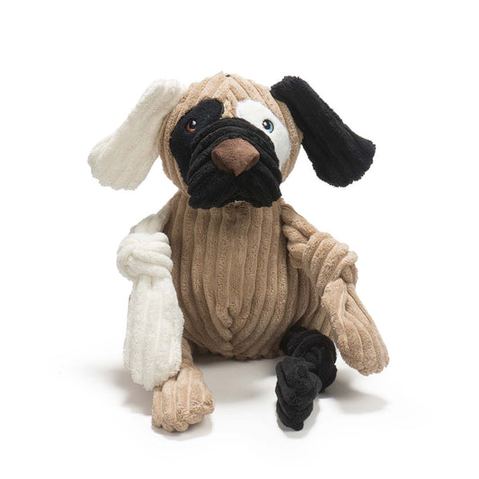 Dog-shaped plush toy with a beard on a white background