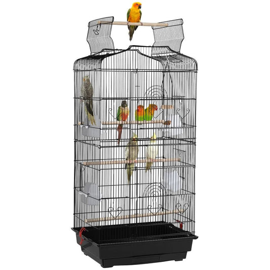 Birdcage with multiple birds on a white background