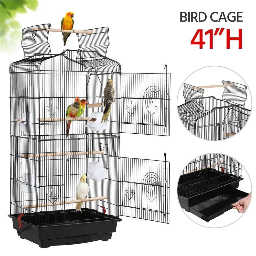 Bird cage with birds on a white background, showing different angles and features.