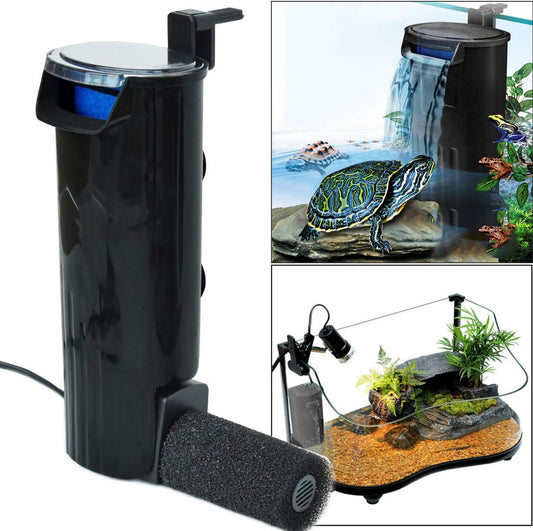 Aquarium filter with inset images of a turtle and an aquarium setup.