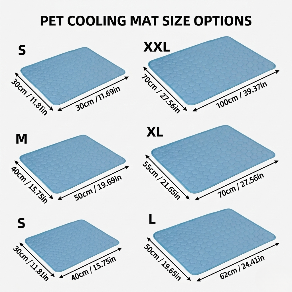 Pet cooling mat size options with dimensions labeled