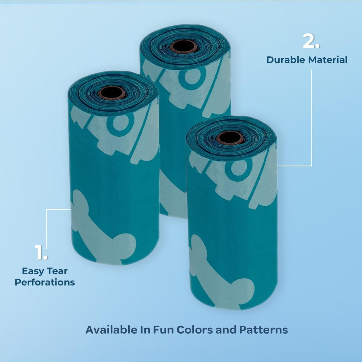 Three rolls of blue paper with white patterns on a light blue background, labeled for features.