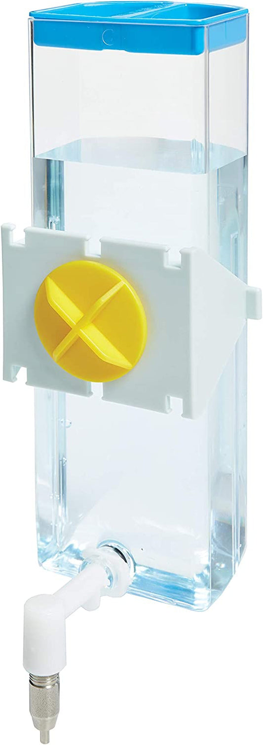 Clear plastic container with a yellow cap and blue top, featuring a valve and tube.