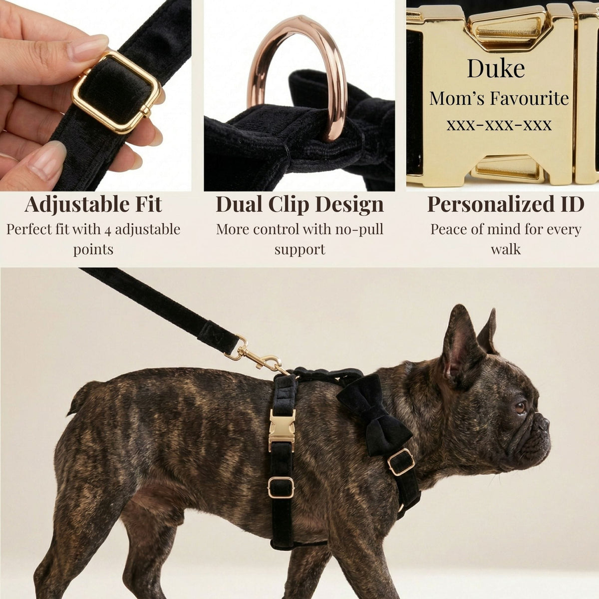 Black Velvet Personalized Dog Harness Set – Custom Engraved Collar & Leash DDPaws