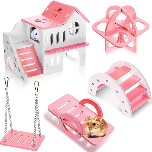 Set of pink and white hamster toys including a house with a slide, wheel, and platform.