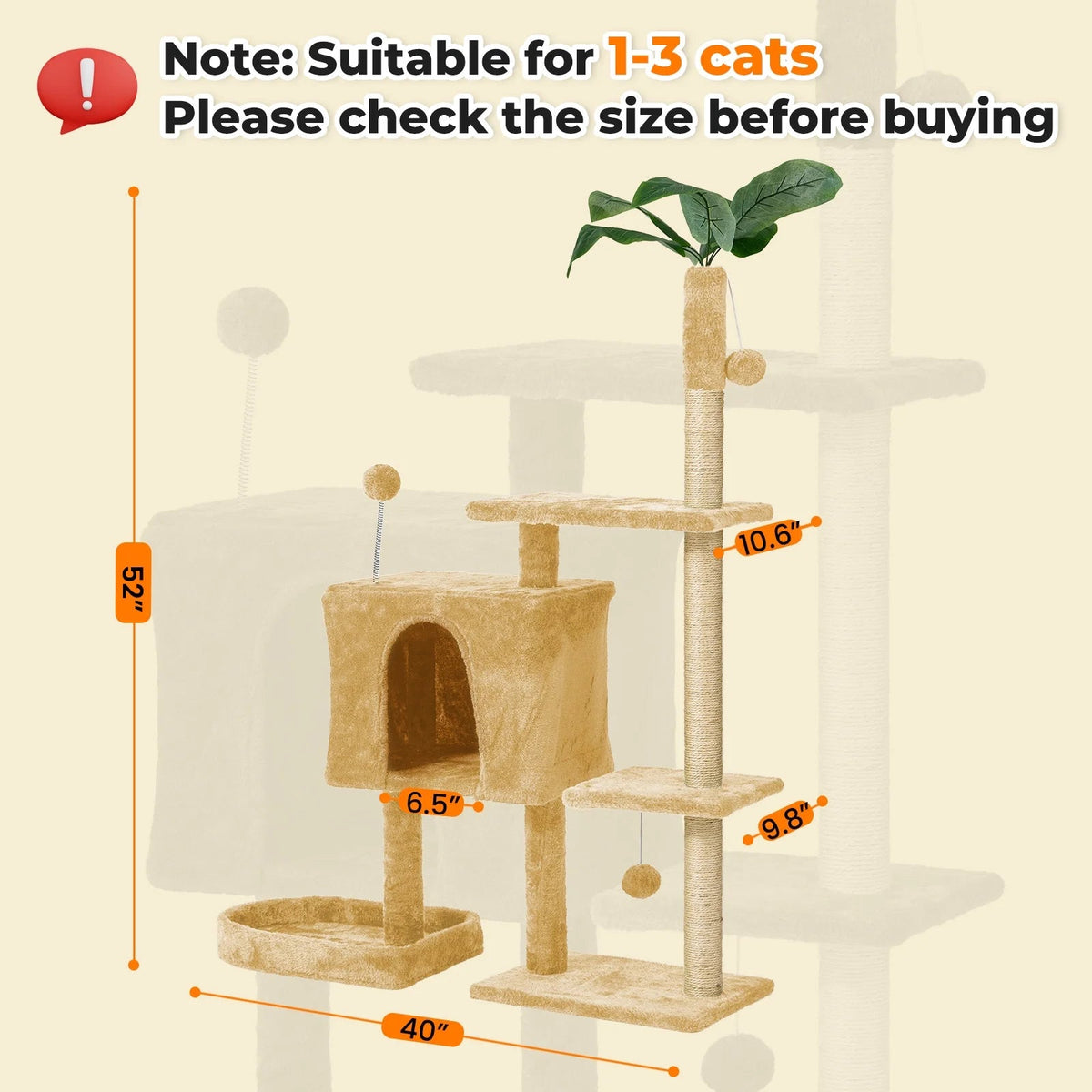 Mudie 52" Multi-Level Cat Tree with Plush Perches, Condo, Sisal Scratching Posts & Dangling Balls – Beige MJ's Pet Closet